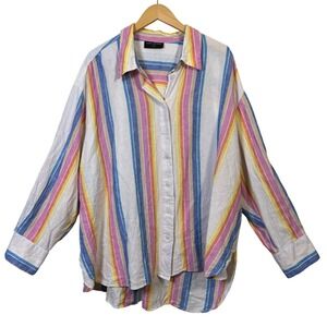 Lane Bryant 26 28 Plus Striped Button Down Shirt Linen Blend Coastal Relaxed